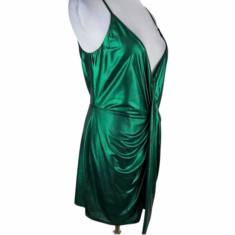 HOURS Emerald Metallic Draped Ruched Mini Dress XS Cocktail Holiday NYE Revolve - Picture 3 of 8